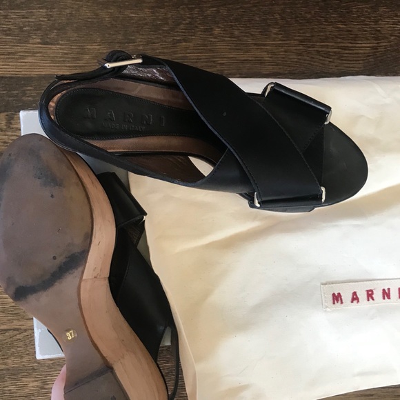 MARNI Black Leather Platform with Wooden Wedge - Picture 3 of 4